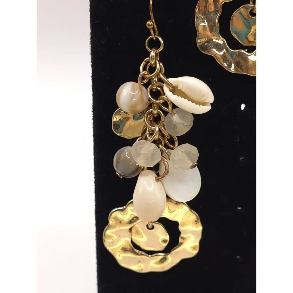 Bohemian Style Gold Tone Seashell & Bead Dangle Earrings - Picture 4 of 8